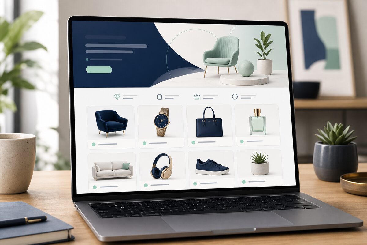 Laptop showing a premium brand name with matching .com domain on the screen